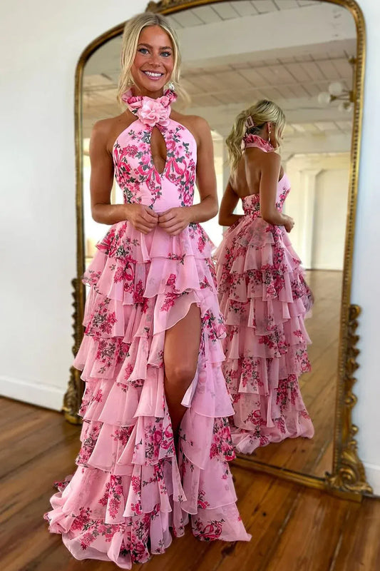 Romantic High Neck Sleeveless A-Line Empire Chiffon Tiered Slit Long Prom Dress