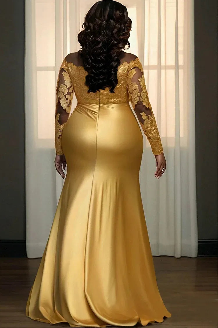 Romantic Mermaid/Trumpet Scoop Neck Long Sleeve Split Lace Plus Size Floor Length Prom Dress