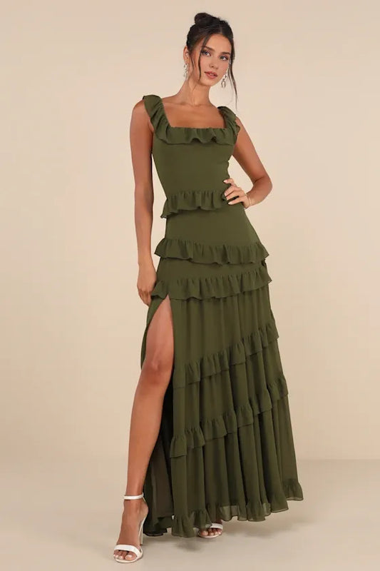 Formal Women's Dresses Sleeveless Compelling Romantic Olive Green Ruffled Tiered Maxi Dress Prom Dress Stores
