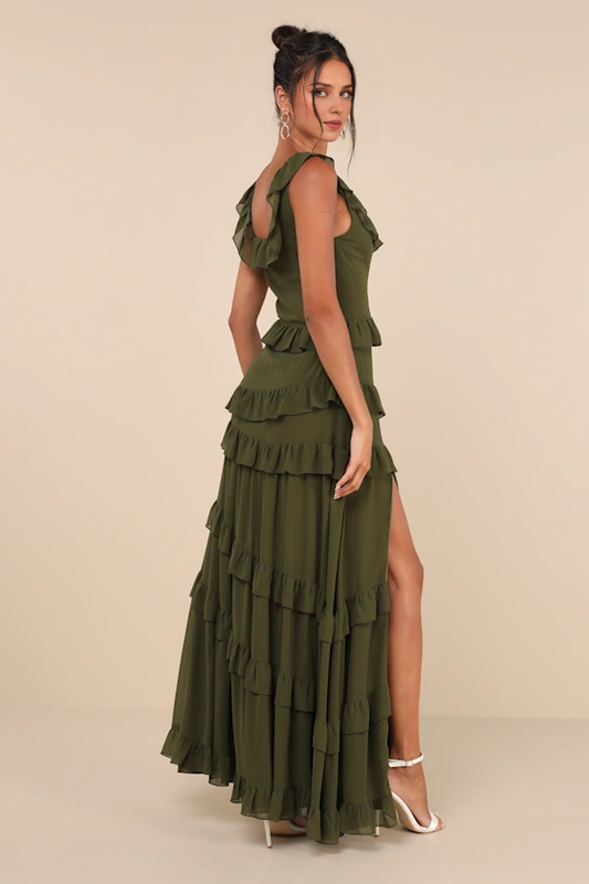 Formal Women's Dresses Sleeveless Compelling Romantic Olive Green Ruffled Tiered Maxi Dress Prom Dress Stores