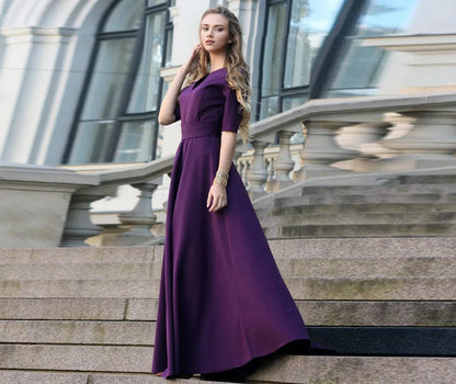 Romantic Short Sleeves V Neck Floor Length A-line Bridesmaid Prom Party Dress