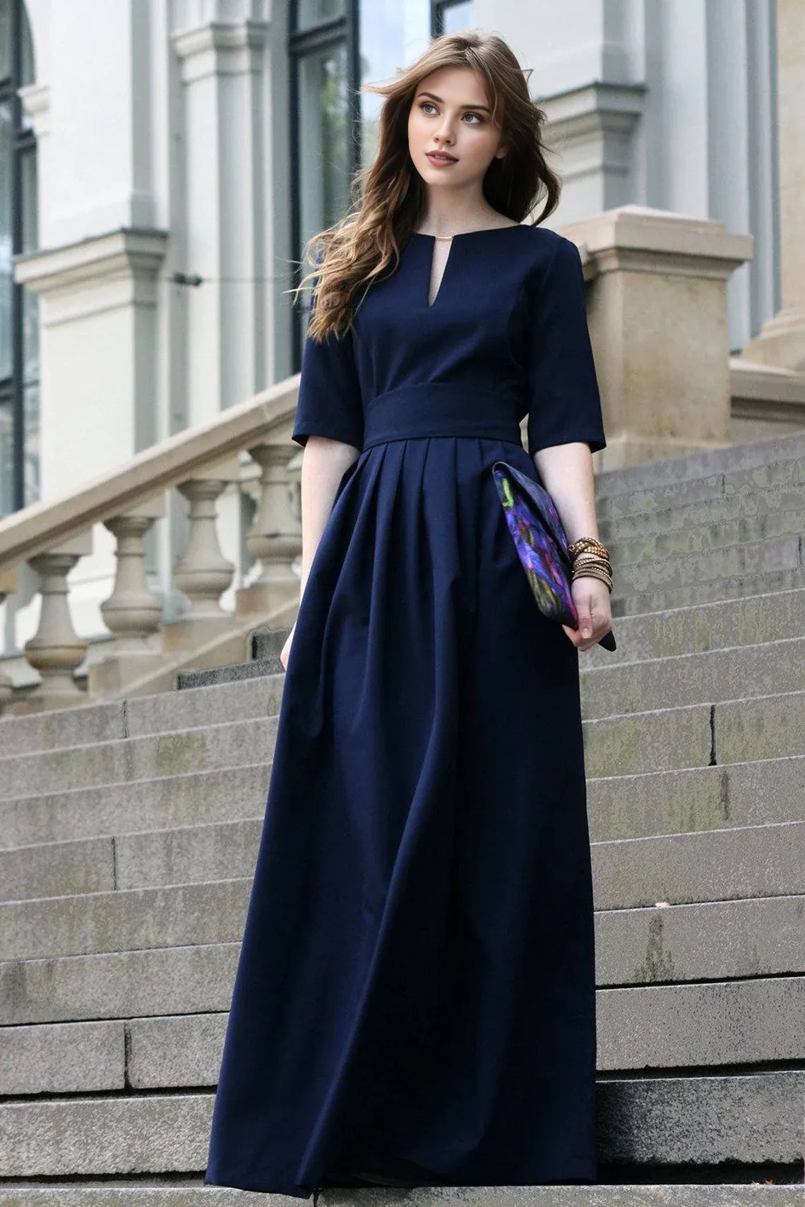 Romantic Short Sleeves V Neck Floor Length A-line Bridesmaid Prom Party Dress
