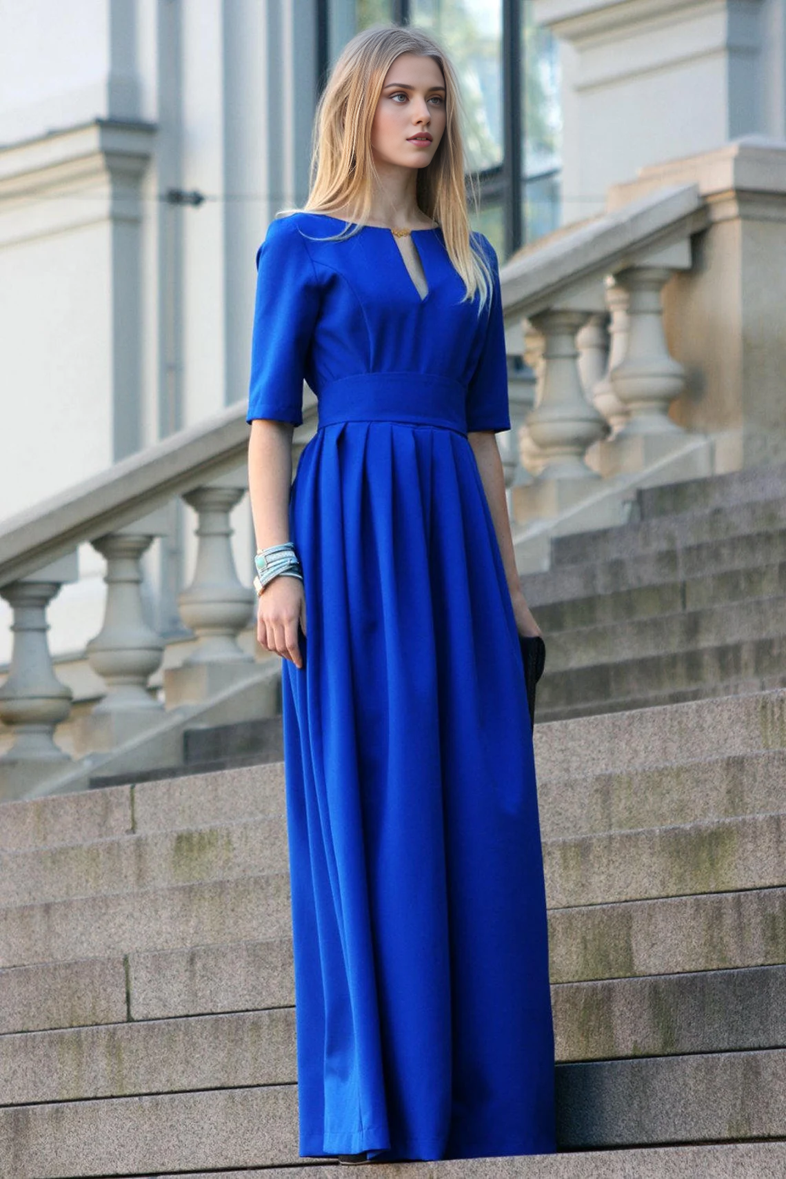 Romantic Short Sleeves V Neck Floor Length A-line Bridesmaid Prom Party Dress