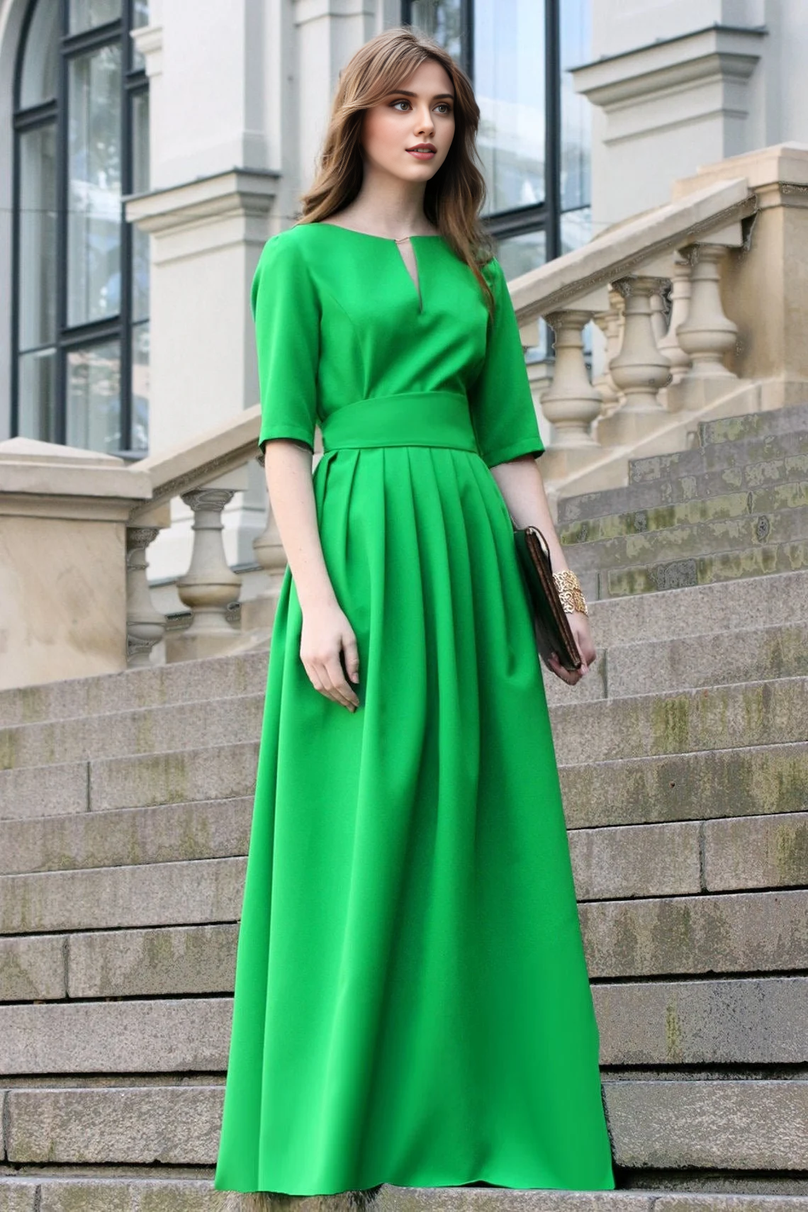 Romantic Short Sleeves V Neck Floor Length A-line Bridesmaid Prom Party Dress
