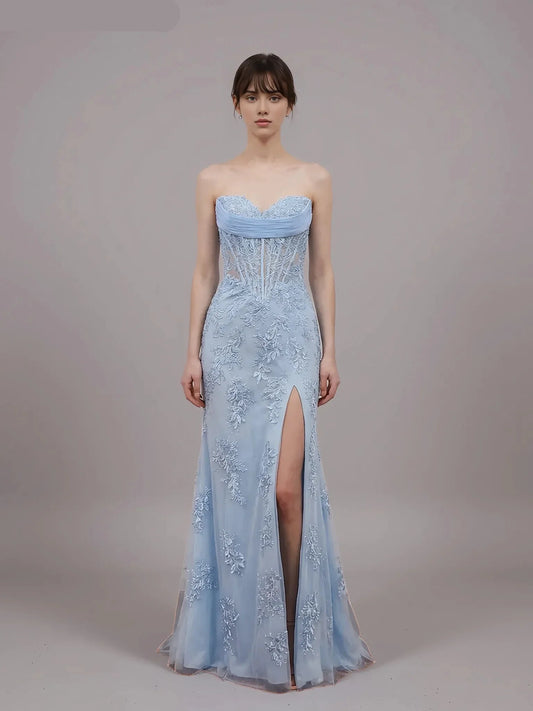 Romantic Strapless Lace Appliques Slit Mermaid Evening Gown