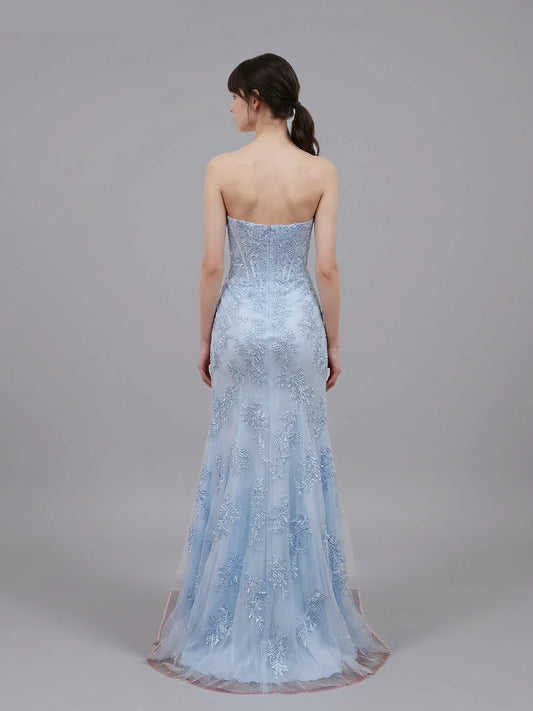Romantic Strapless Lace Appliques Slit Mermaid Evening Gown