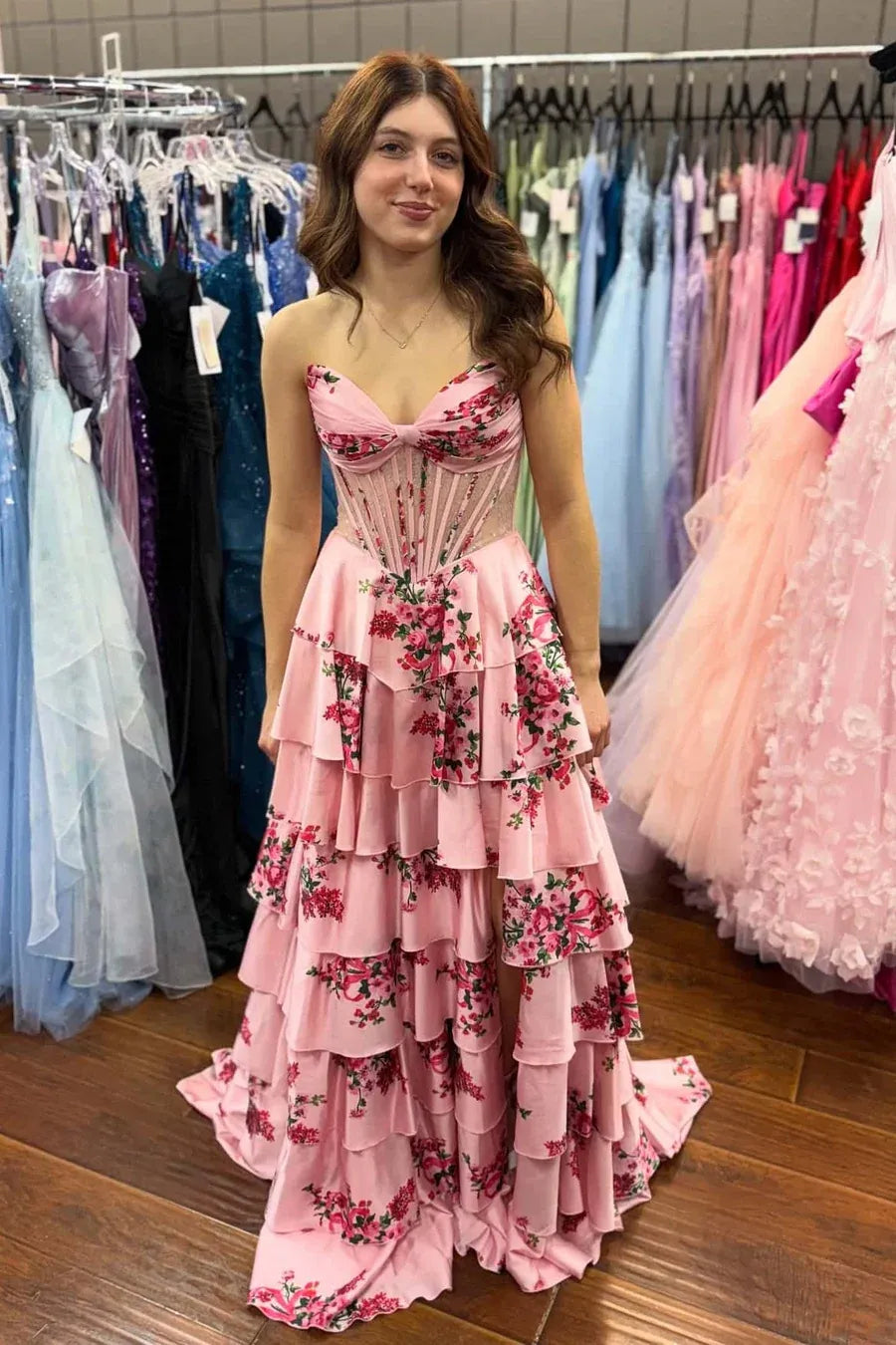 Romantic Tiered Strapless Sleeveless Floral Satin Prom Dress With Slit