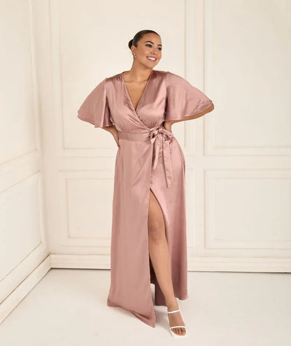 Dress Fashion Wrap Tie Satin Bridesmaid Dress Maxi Dress Solid Color Champagne Flutter Sleeve Column Prom Dress