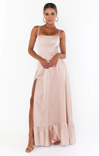 Dress Regular Straps Square Neck Sleeveless Maxi Dress Column Simple Crisscross Back Prom Dress With Slit