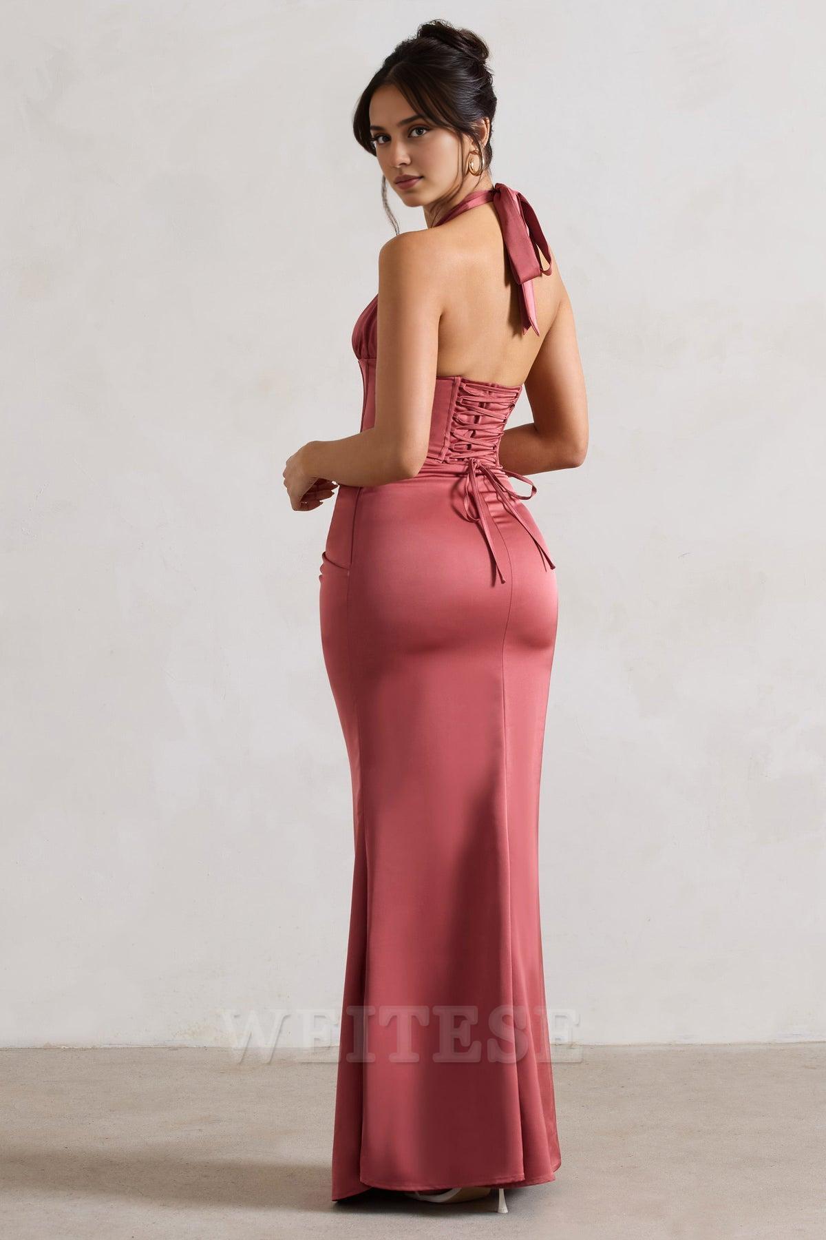 Dress Champagne Satin Corset Style Maxi Dress With Wrap Skirt Prom Dress Backless Deep V Neck With Side Slit Bridesmaid Dress