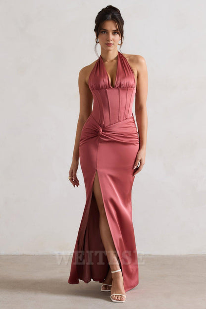 Dress Champagne Satin Corset Style Maxi Dress With Wrap Skirt Prom Dress Backless Deep V Neck With Side Slit Bridesmaid Dress