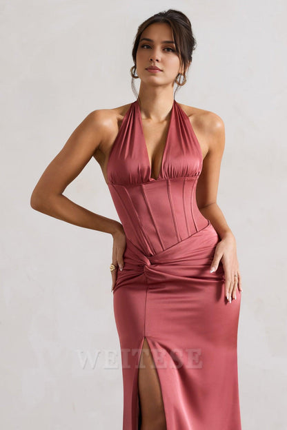 Dress Champagne Satin Corset Style Maxi Dress With Wrap Skirt Prom Dress Backless Deep V Neck With Side Slit Bridesmaid Dress