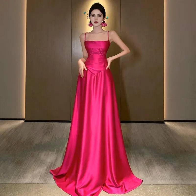 Formal Women's Dresses A Line Satin Rose Red Long Prom Dress Formal Party Dress Prom Dresses Stores