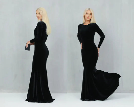 Round Neck Black Mermaid Velvet Long Sleeve Floor Length Prom Party Dress