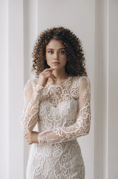 Round Neck Elegant Bridal Gown Lace Reception Dress Wedding Dress Prom Or Cocktail Long Sleeve Dress
