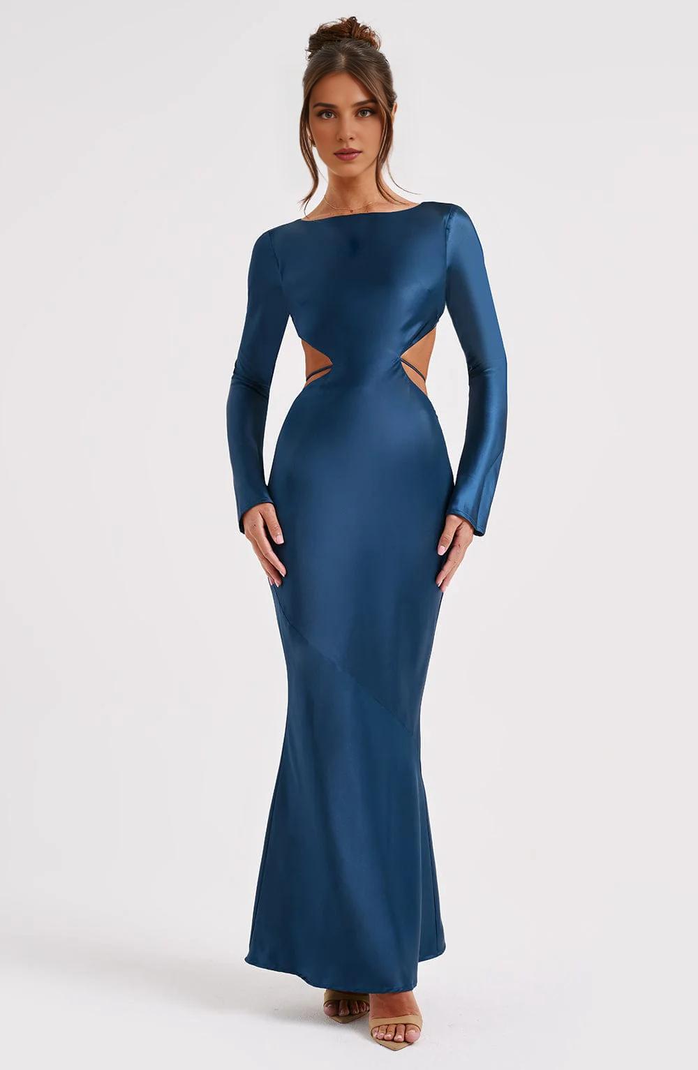 Round Neck Long-Sleeved Sexy Backless Hollow Prom Dress New Temperament Long Dress
