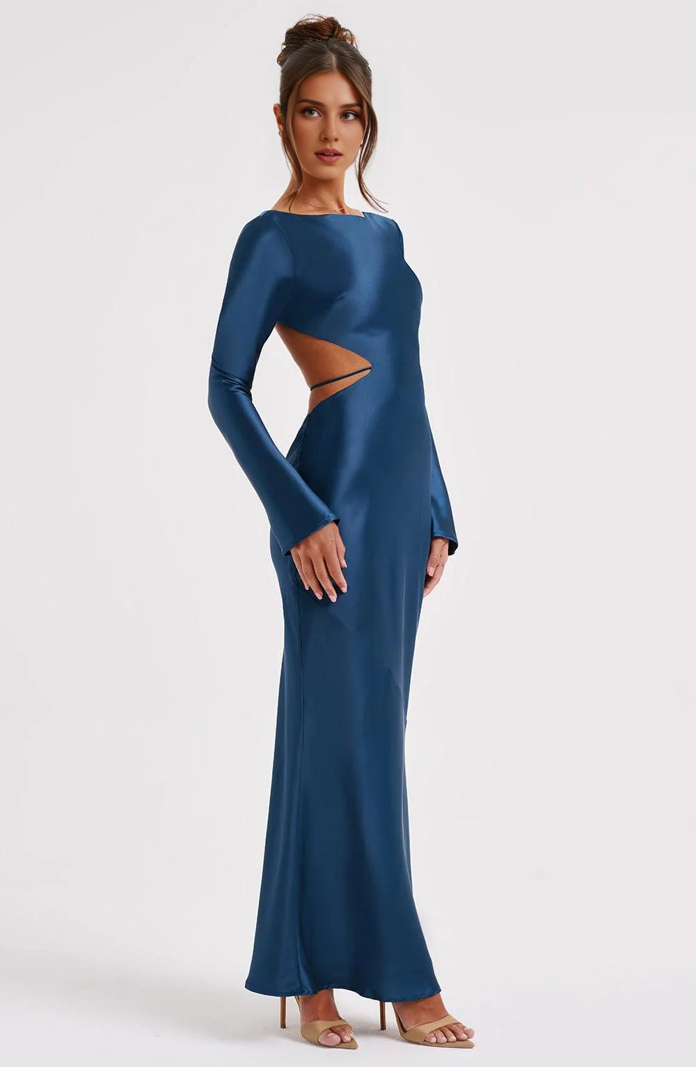 Round Neck Long-Sleeved Sexy Backless Hollow Prom Dress New Temperament Long Dress