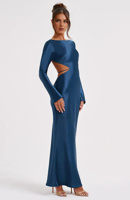 Round Neck Long-Sleeved Sexy Backless Hollow Prom Dress New Temperament Long Dress