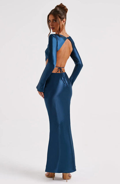 Round Neck Long-Sleeved Sexy Backless Hollow Prom Dress New Temperament Long Dress
