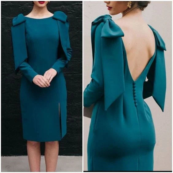 Round Neck Long Sleeves Tea-Length Backless Prom Dress With Bow