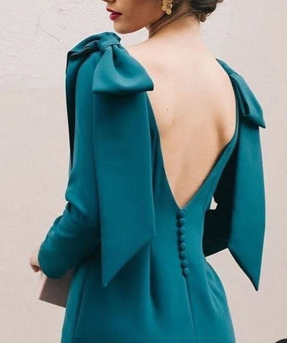 Round Neck Long Sleeves Tea-Length Backless Prom Dress With Bow