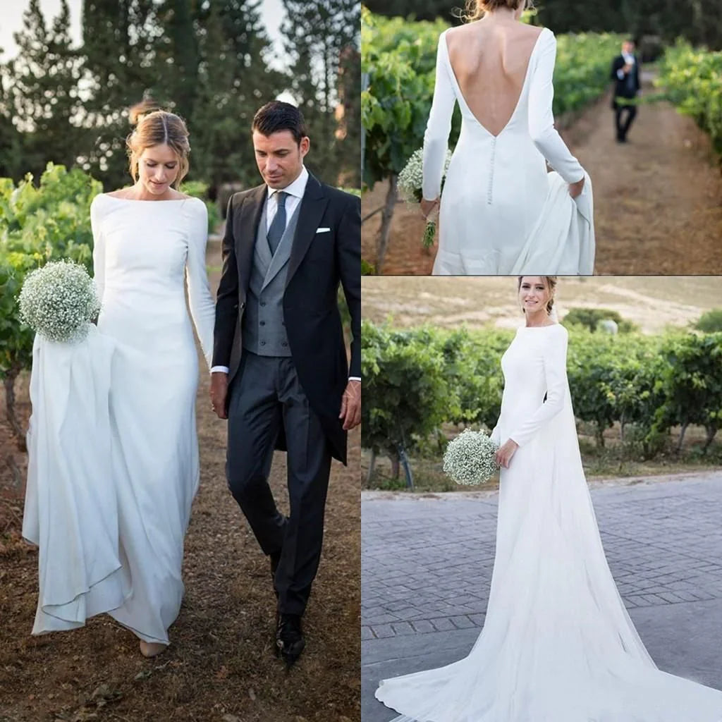 Round Neck Simple Long Sleeves White Beach Low Back Wedding Dresses With Train/No Veils