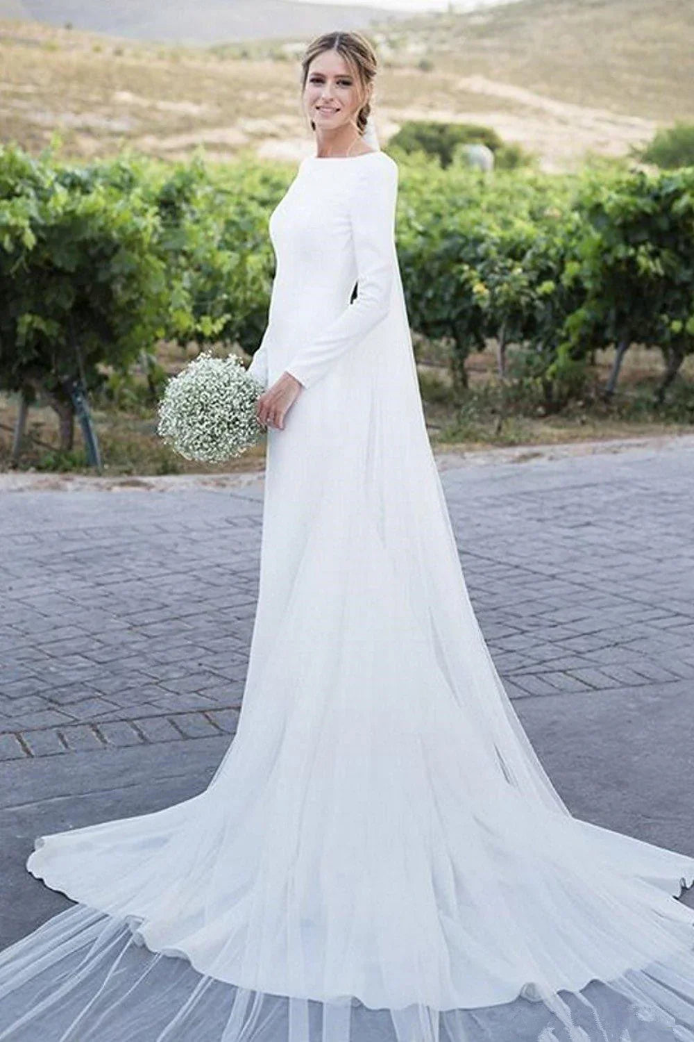 Round Neck Simple Long Sleeves White Beach Low Back Wedding Dresses With Train/No Veils