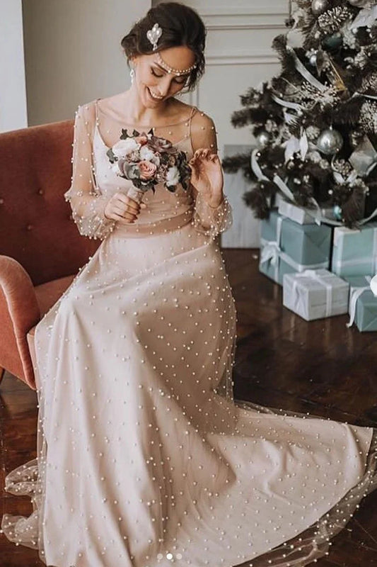 Formal Women's Dresses Champagne Round Neck Tulle Beads Long Prom Dress Prom Dresses Stores