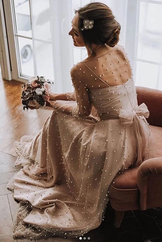 Formal Women's Dresses Champagne Round Neck Tulle Beads Long Prom Dress Prom Dresses Stores