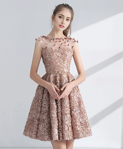 Round Neck Unique 3D Lace Homecoming Dresses