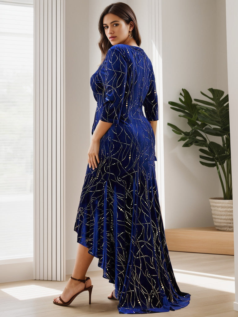 Elegant Plus Size Bodycon High-Low Formal Velvet Party Dress