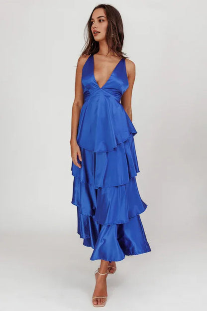 Dress A-line Spaghetti Straps Deep V Neck Tiered Frill Strappy Open Back Prom Dress Lilac