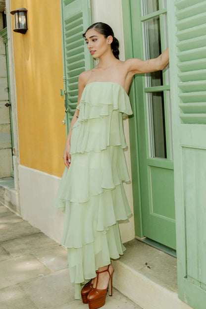 Ruffle Chiffon Affordable Strapless Prom Dresses Trendy Floor Length Ball Gowns Tiered Strapless Prom Clothes