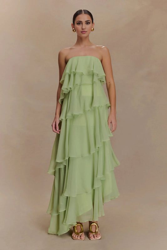 Ruffle Chiffon Affordable Strapless Prom Dresses Trendy Floor Length Ball Gowns Tiered Strapless Prom Clothes