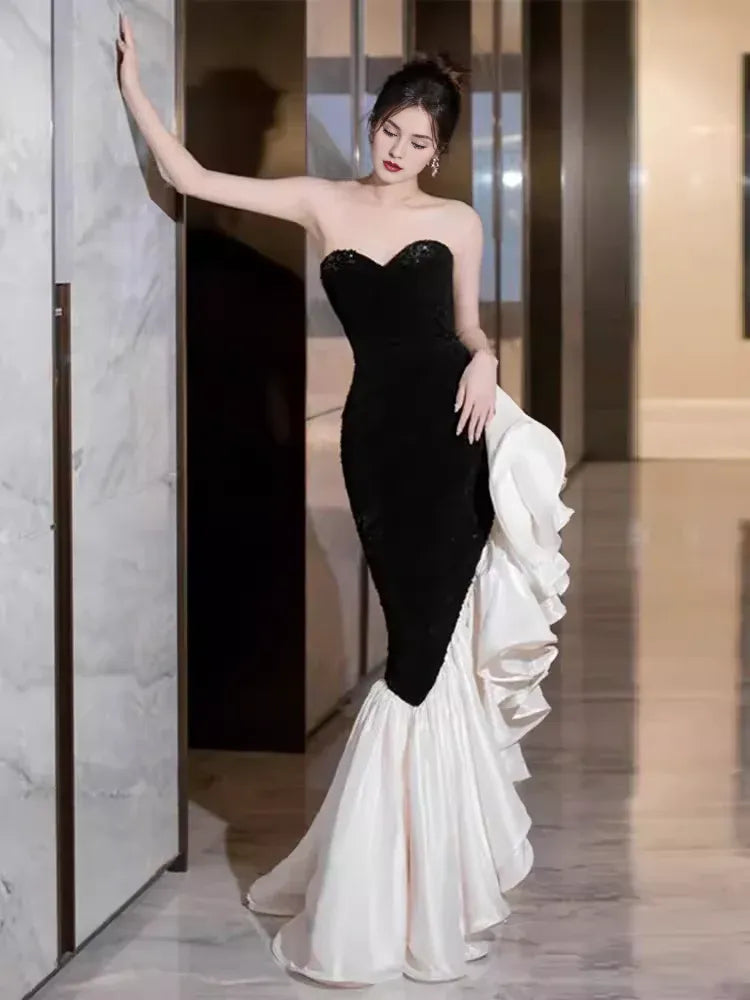 Ruffle Off-the-Shoulder Mermaid Sweetheart Black Satin Prom Dress Long Prom Dresses
