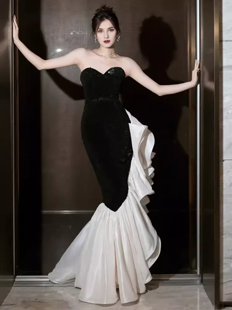 Ruffle Off-the-Shoulder Mermaid Sweetheart Black Satin Prom Dress Long Prom Dresses