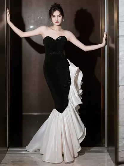 Ruffle Off-the-Shoulder Mermaid Sweetheart Black Satin Prom Dress Long Prom Dresses