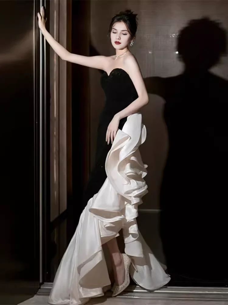 Ruffle Off-the-Shoulder Mermaid Sweetheart Black Satin Prom Dress Long Prom Dresses
