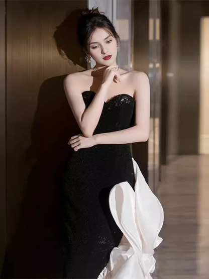 Ruffle Off-the-Shoulder Mermaid Sweetheart Black Satin Prom Dress Long Prom Dresses