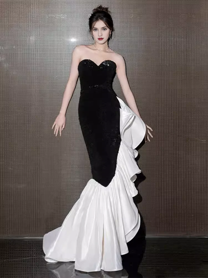 Ruffle Off-the-Shoulder Mermaid Sweetheart Black Satin Prom Dress Long Prom Dresses