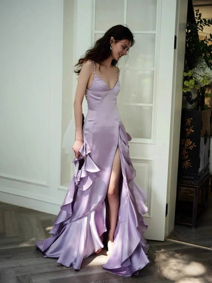 Formal Women's Dresses Ruffle Purple A Line Satin Long Prom Dress With Slit Prom Dresses Stores