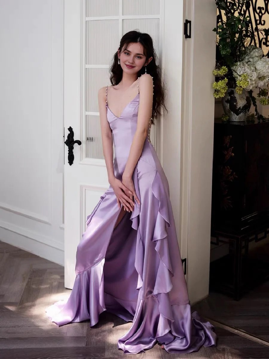 Formal Women's Dresses Ruffle Purple A Line Satin Long Prom Dress With Slit Prom Dresses Stores
