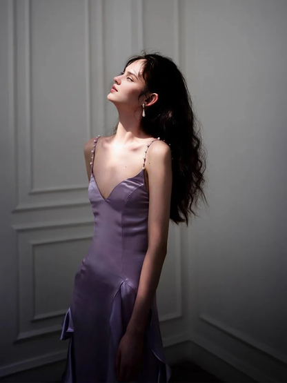 Formal Women's Dresses Ruffle Purple A Line Satin Long Prom Dress With Slit Prom Dresses Stores