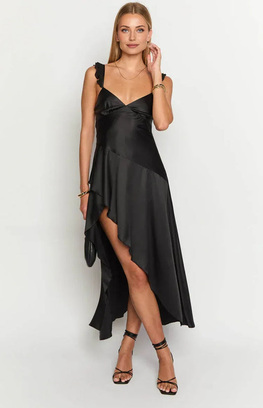 Ruffle Straps Sleeveless V Neck Long Graduation Party Homecoming Dresses Backless Pleats Elegant Satin Prom Dresses for Ladies with slit
