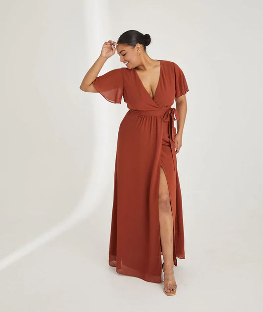 Dress Fashion V Neck Wrap Tie Chiffon Bridesmaid Dress Maxi Dress Solid Color Blue Flutter Sleeve A-Line Prom Dress