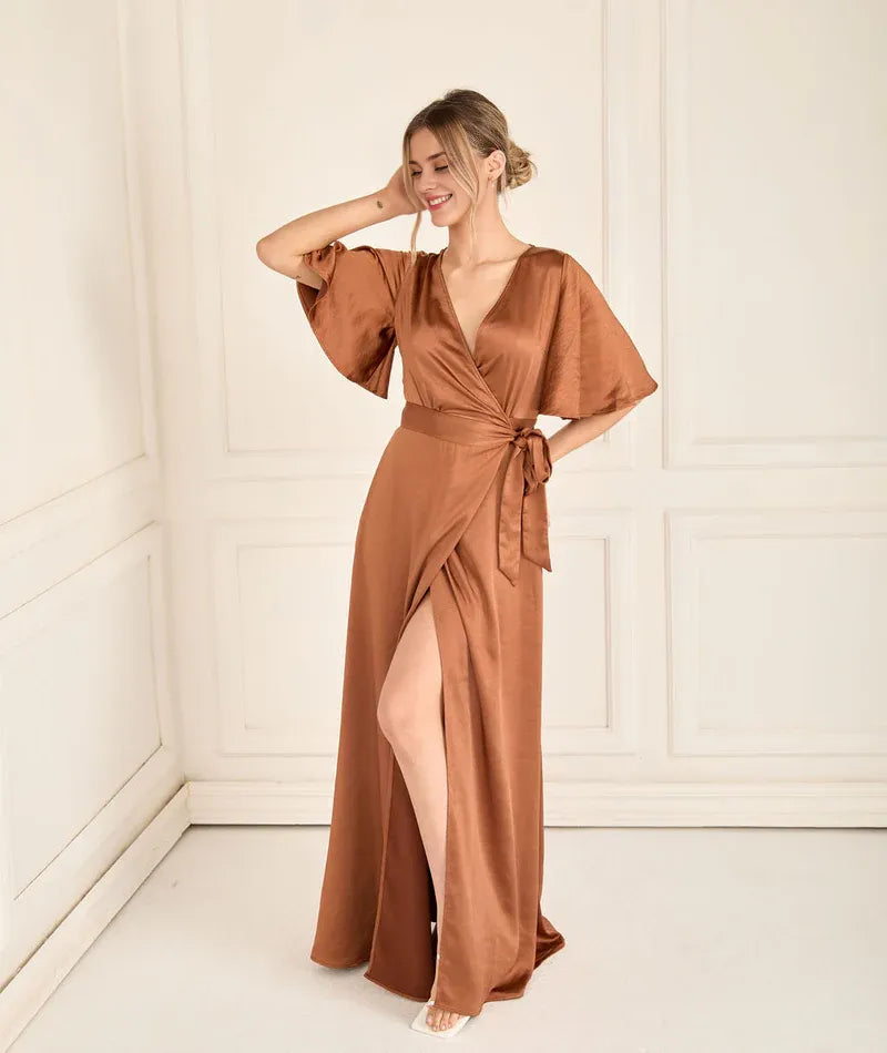 Dress Fashion Wrap Tie Satin Bridesmaid Dress Maxi Dress Solid Color Champagne Flutter Sleeve Column Prom Dress