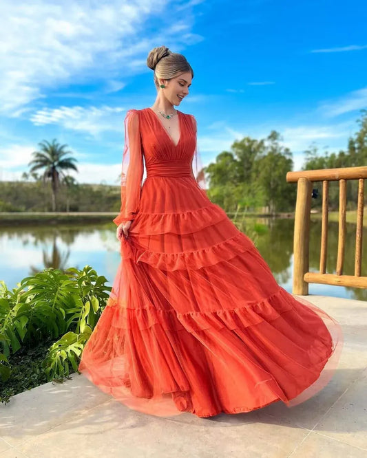 Formal Women's Dresses Rust Red V Neck A Line Tulle Long Prom Dress Prom Dresses Stores