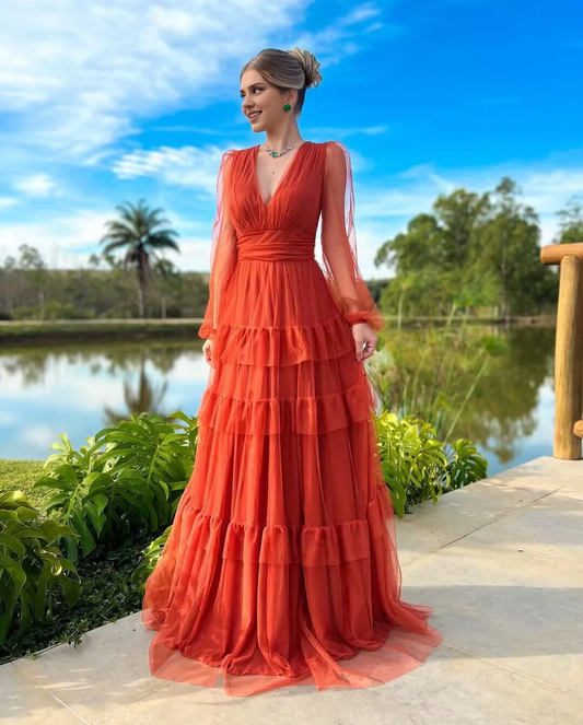 Formal Women's Dresses Rust Red V Neck A Line Tulle Long Prom Dress Prom Dresses Stores