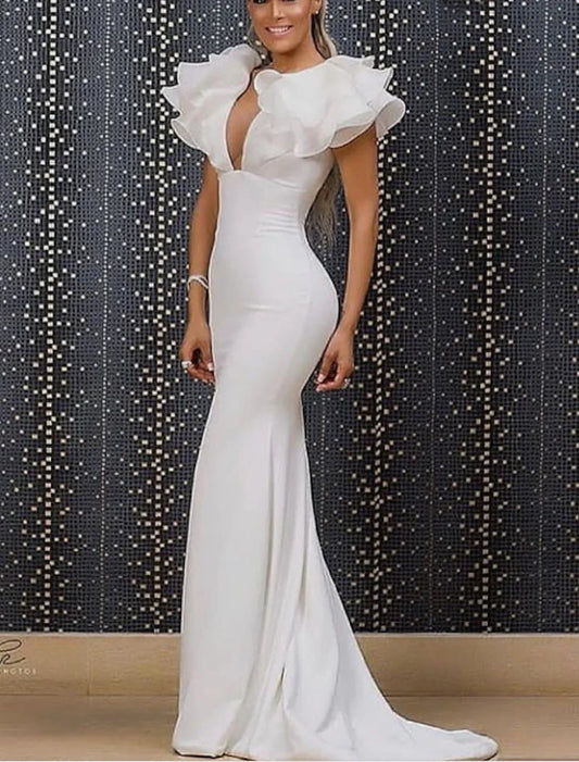 Mermaid Party Dress Minimalist Sexy Engagement Formal Evening Dress V Neck Short Sleeve Sweep / Brush Train Organza with Sleek