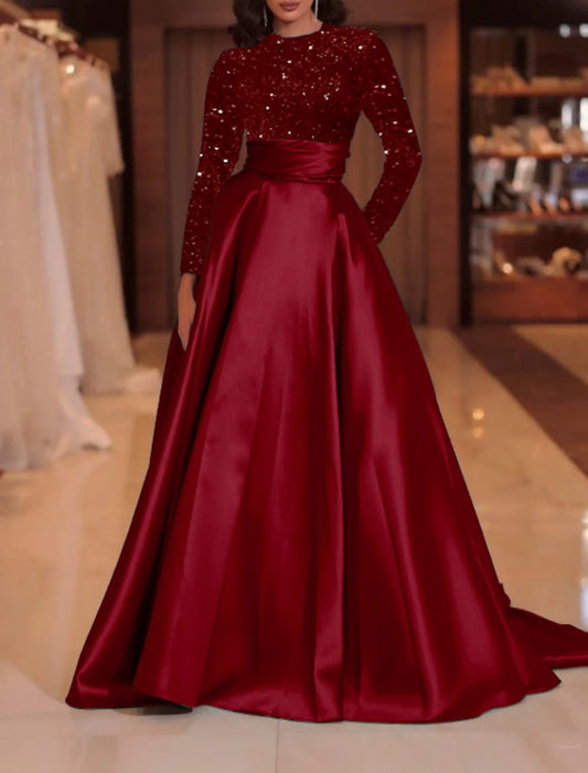 A-Line Evening Gown Sparkle Red Green Dress Formal Cocktail Party Court Train Long Sleeve High Neck Fall Wedding Guest Satin with Sequin